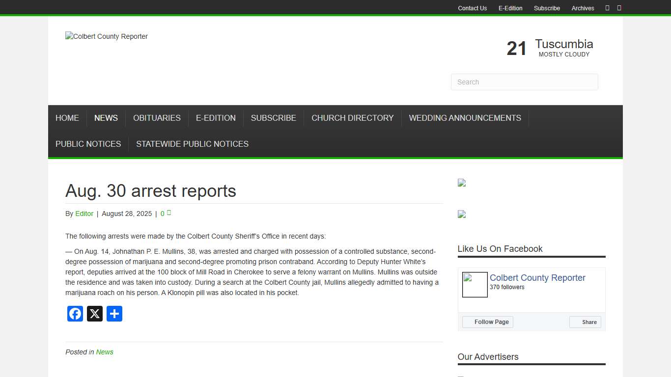 Aug. 30 arrest reports – Colbert County Reporter