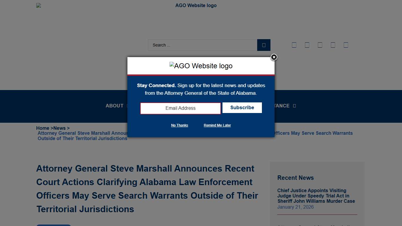 Attorney General Steve Marshall Announces Recent Court Actions Clarifying Alabama Law Enforcement Officers May Serve Search Warrants Outside of Their Territorial Jurisdictions - Alabama Attorney General's Office